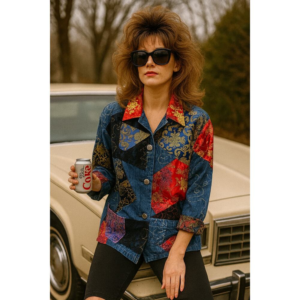 Chico’s design  Sz 3 Women’s Patchwork Denim Asian inspo Jacket Artsy Pockets XL